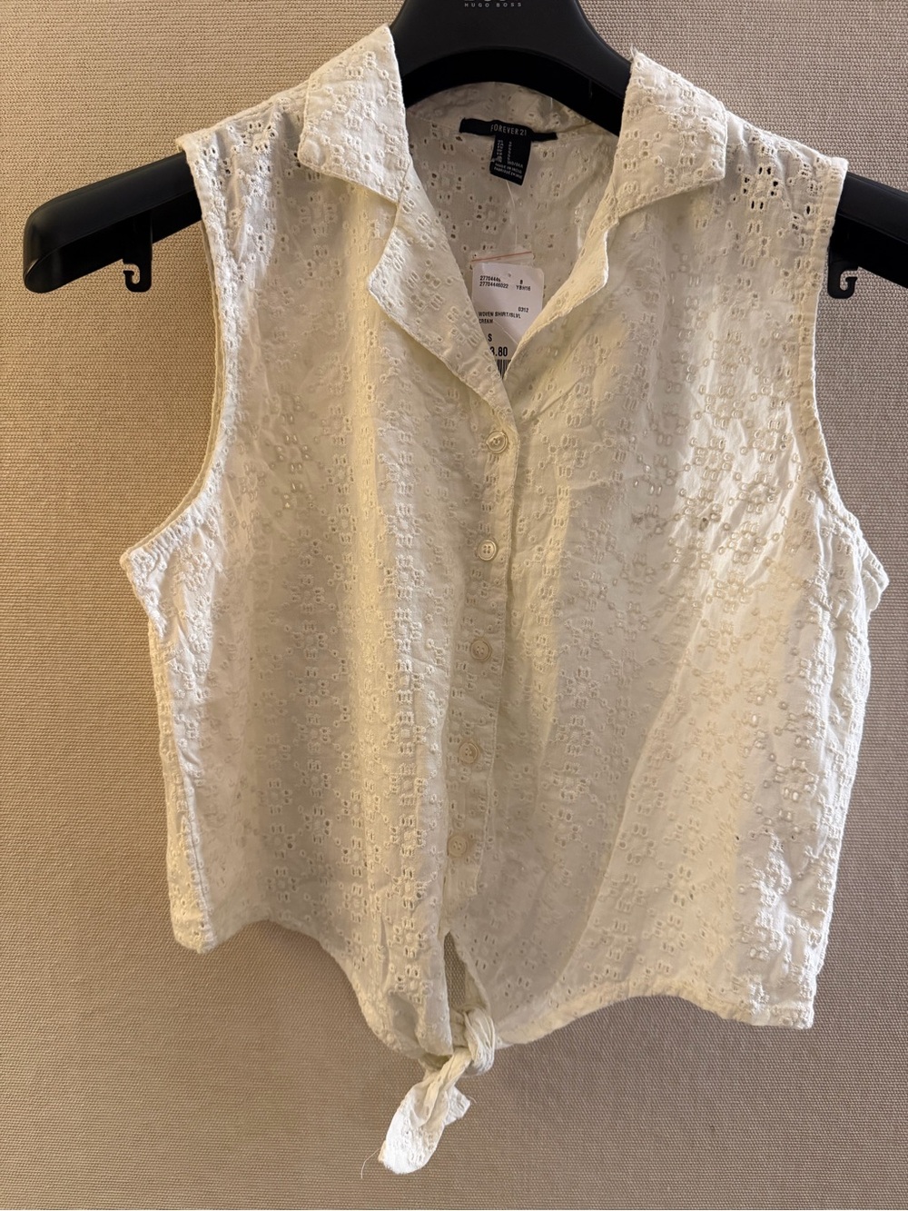 Forever 21 White Eyelet Button-Front Tie Hem Sleeveless Top